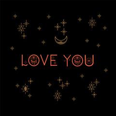 Greeting card for the new year I love you. In the circle of the moon and stars for your loved ones at Christmas. Vector illustration