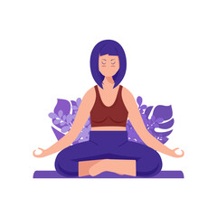 Woman meditating on nature. Concept illustration for yoga, meditation, healthy lifestyle. Vector illustration in flat cartoon style