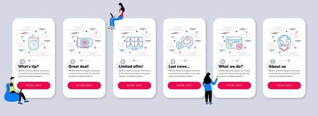 Naklejka premium Set of Technology icons, such as Gpu, Like, Fast delivery icons. UI phone app screens with teamwork. Video conference, 5g internet, Global business line symbols. Vector
