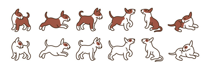 Bull terrier icon set. Cartoon dog in various poses. Vector illustration for prints, clothing, packaging, stickers.