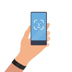 Using face authentication. Hand holds smartphone with authorization icon. Vector illustration