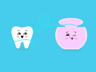 Tooth and dental floss. Kawaii happy characters. Vector illustration