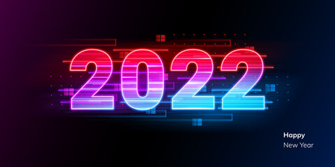 Happy new year 2022 text neon metal effect 3D numbers isolated on digital black. Vector greeting card, banner, poster 3d illustration. Modern trendy electronic technology light, future cyber data