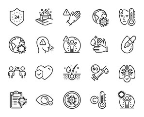 Vector set of Lungs, Coronavirus protection and Myopia line icons set. 24 hours, Coronavirus pandemic and Wash hands icons. Skin care, Serum oil and Cough signs. Lungs web symbol. Vector