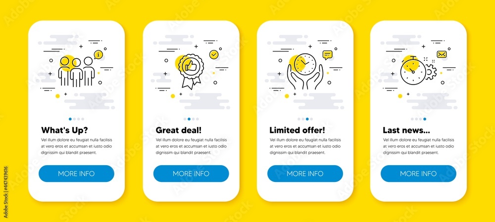 Poster vector set of positive feedback, group and safe time line icons set. ui phone app screens with line 