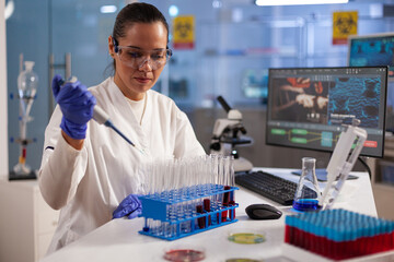 Medical chemist doing research and tests on blood tubes using pipette in science laboratory. Biotechnology woman working with medical equipment on dna sample for development and innovation