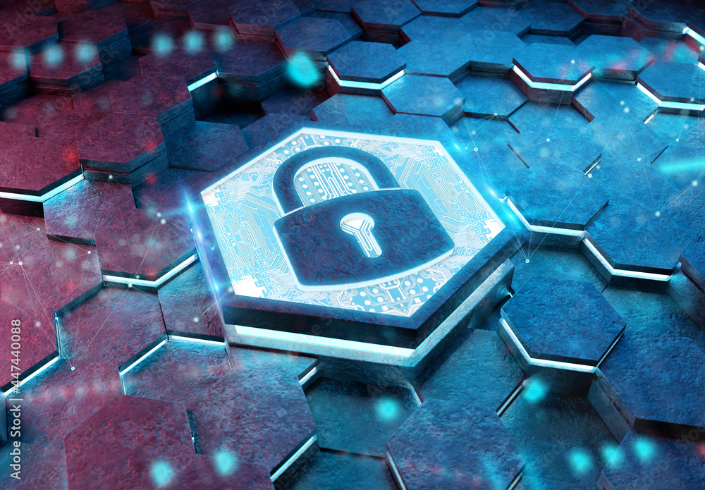 Leinwandbilder web security icon concept engraved on metal hexagonal pedestral background. padlock logo glowing on 