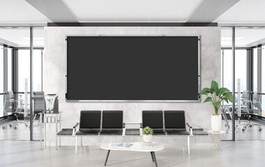 Panoramic frame Mockup hanging in office waiting room. Template of a billboard in modern interior 3D rendering