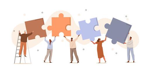 Business people working together and connecting separated puzzle pieces. Characters assembling jigsaw puzzle. Teamwork, team building and business solution concept. Flat cartoon vector illustration. - obrazy, fototapety, plakaty