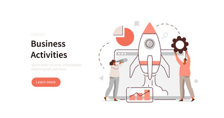Successful team launch rocket from laptop. Characters working in new startup. Business missions, creative idea and startup development concept. Flat cartoon vector illustration.