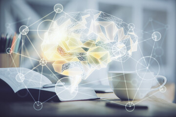 Double exposure of brain drawing and desktop with coffee and items on table background. Concept of research.