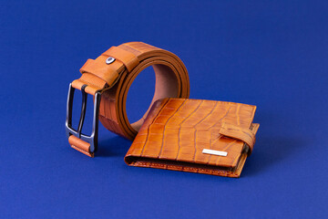Brown reptile leather wallet and belt on blue fabric background. Fashion and shopping concept