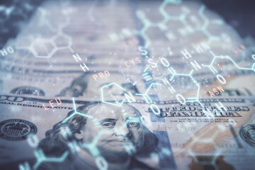 Double exposure of formula drawing over usa dollars bill background. Concept of education.