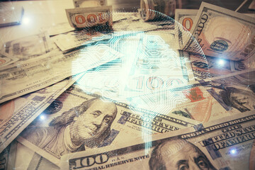 Double exposure of brain drawing over us dollars bill background. Technology concept.