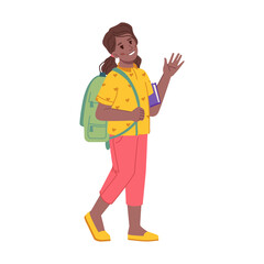 Greeting child walking to school waving hand, isolated female personage with satchel and book. Preteen girl attending uni lessons and classes to obtain knowledge. Flat cartoon character vector