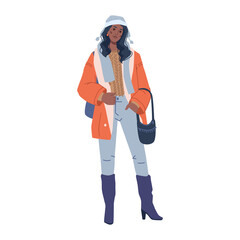 Woman fashion cloth warm winter vogue collection isolated flat cartoon character. Vector vogue couture model in long orange coat, blue jeans and high boots, scarf and hat. Brunette with bag