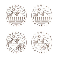 Set of mountain adventure outdoor monoline or line art style vector illustration