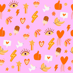 Baby seamless pattern with Retro 70's cartoon trendy elements. Vector hand drawn flat illustrations. Editable Vector.