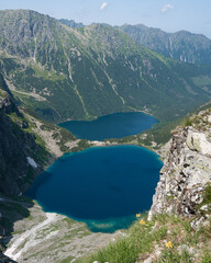 Eye of the Sea and Black Lake below Mount Rysy, Tatra Mountains, Poland. Aerial Drone shot - obrazy, fototapety, plakaty