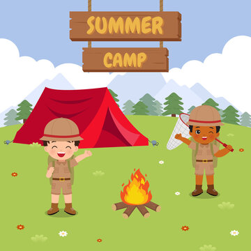 Boy scout in outdoor scene. Summer camp illustration. Flat vector cartoon design