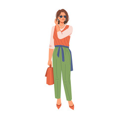 Stylish modern woman in fashion clothes isolated flat cartoon character with bag. Vector fashionable lady summer spring autumn vogue. Lady in urban outfit, stylish pants and blouse, high heel shoes