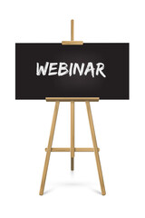 Easel with webinar text on paper standing on white background. Wooden tripod with educational announcement vector illustration. Artistic studio equipment object design, front view