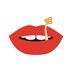 Mushroom in the mouth is a simple linear icon. Vector illustration of lips isolated on a white background
