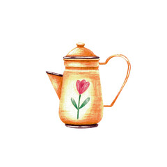A yellow coffee pot with a pink flower. Watercolor illustration. Coffee time. Beautiful. Holidays. Gentle. Cafe. Summer. Design. Spring. Postcard. Menu. Handmade. Food. Tableware.