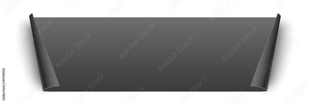 Poster black glued rectangle sticker with curling edges. 3d blank paper label vector illustration. badge wi