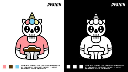 skull unicorn holding a cupcake, illustration for t-shirt, poster, sticker, or apparel merchandise.