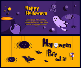 Happy Halloween Banners,Party Invitations Sets.Purple and Orange Bright Greeting Cards with Funny Ghost,Bats,Spiders.Handwritten Calligraphy Text.Happy Halloween Celebration Poster.Vector Illustration