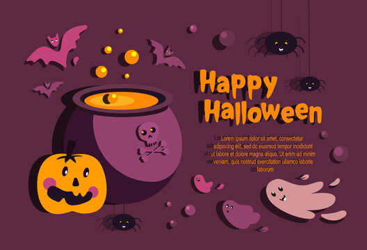 Happy Halloween Banner or Party Invitation.Cartoon Bright Greeting Card with Funny Ghost,Bat,Spider,Text.Handwritten Calligraphy.Happy Halloween Celebration Text Poster.Flat Design Vector Illustration
