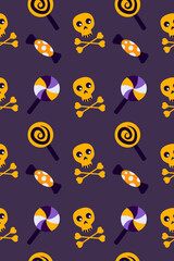 Halloween Festive Seamless Pattern.Endless Bright Background with Skulls,Bones,Candy,Sweets,Lollipops.All Saints Day Banner Skull Greeting Card.Happy Halloween.Textile Print.Spooky Vector Illustration