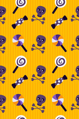 Halloween Festive Seamless Pattern.Endless Bright Background with Skulls,Bones,Candy,Sweets,Lollipops.All Saints Day Banner Skull Greeting Card.Happy Halloween.Textile Print.Spooky Vector Illustration