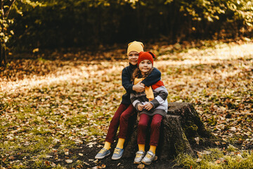 Naklejka na ściany i meble Happy playful children friends in warm clothes a hat in bright hats and scarves are walking having fun sitting on a stump and a pumpkin catching leaves in the autumn forest in nature, selective focus