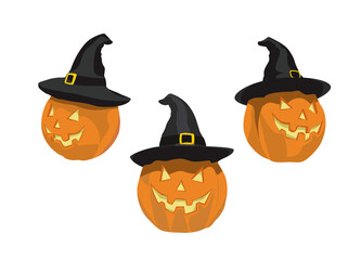 Illustration of three different styles of Halloween pumpkin heads wearing black witch hats on a white background.