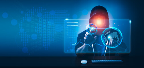 Hacker and Internet technology Crime with digital abstract hologram data background. Concept of Online information privacy, identity theft and Cyber Security
