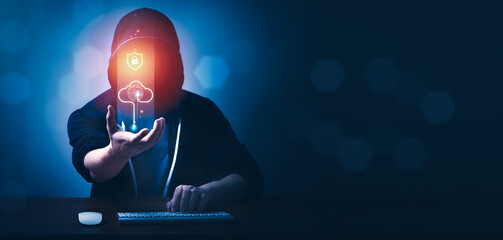 Hacker and Internet technology Crime with digital abstract hologram data background. Concept of Online information privacy, identity theft and Cyber Security