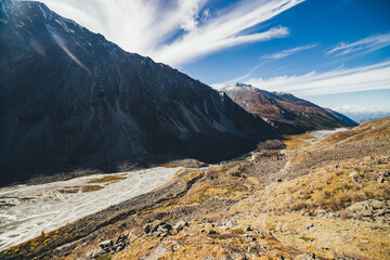 Picturesque highland landscape with mountain river and lake in valley among high mountains with...
