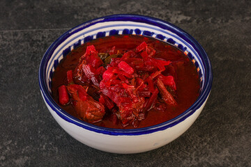 Russian traditional Borsch soup with cabbage
