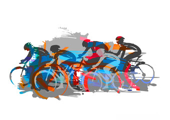 Cycling race, road cycling. 
Expressive Illustration of cyclists in full speed. Imitation of brush drawing.
