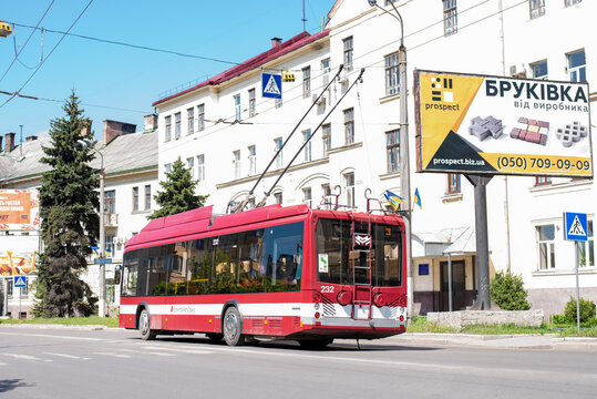 IVANO-FRANKIVSK, UKRAINE - May 09, 2021. Trolleybus BKM 321 #232  riding with passengers in the streets of Ivano-Frankivsk.