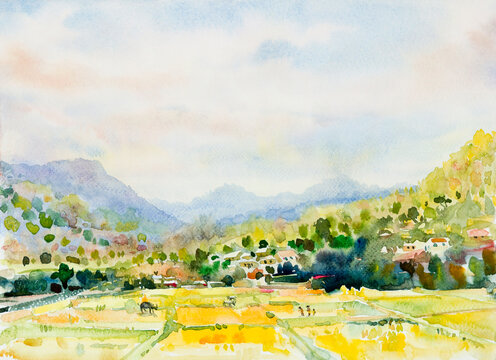 Watercolor landscape painting of Village mountain and rice field farm.
