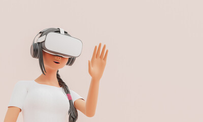 girl with VR glasses and raised hand. stylized 3d character