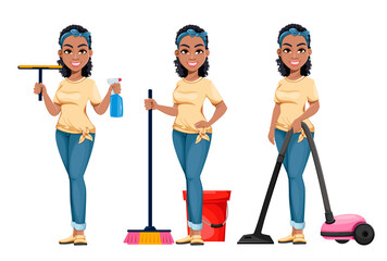 Pretty African American housewife cleaning - 447446661