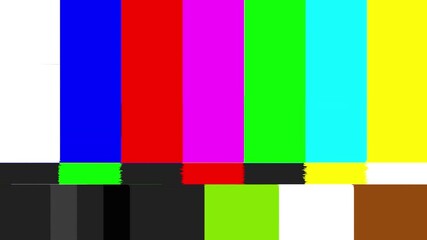 No signal old vintage TV. Static color noise. Glitch Error Video Damage background. Bad interference. Broken antenna. Distortion and Flickering, analog TV signal. Vertical color data glitches.