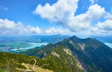 View from the hiking Trail between the bavarian mountains Herzogstand and "Heimgarten". Lake Walchensee and Lake Kochel.