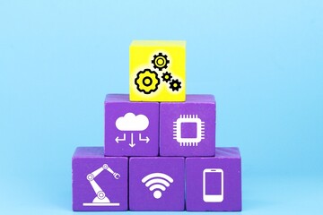 colored cubes with technology items and the word Industry 4.0. Industry 4.0 infographic