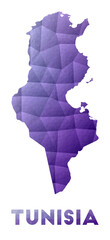 Map of Tunisia. Low poly illustration of the country in a purple geometric design. Polygonal vector illustration.
