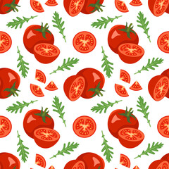 Seamless pattern with tomatoes and arugula leaves. Healthy vegan food print. Red vegetable on white background for textiles, wrapping paper and design